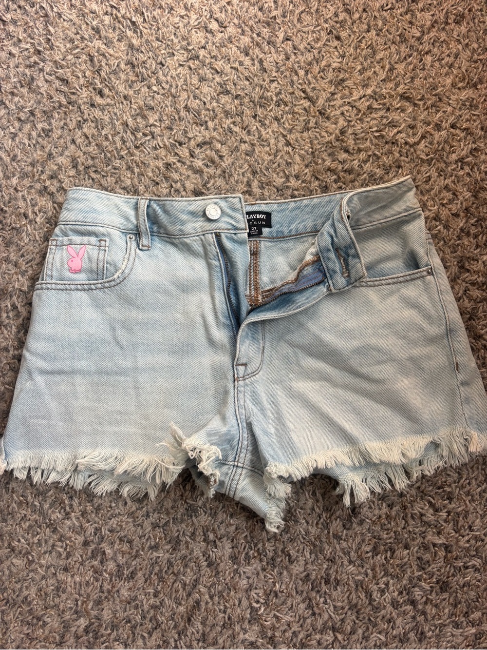 PacSun Light Blue Frayed Hem Denim Shorts with Pink Bunny Patch